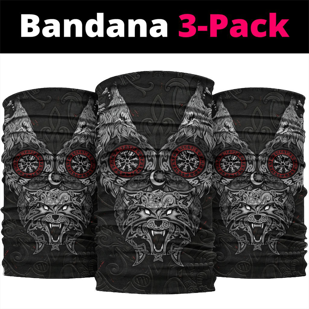 Fenrir Wolf and Vegvisir Viking Neck Gaiter Nordic Celtic Knotwork Black and Red Tribal Art