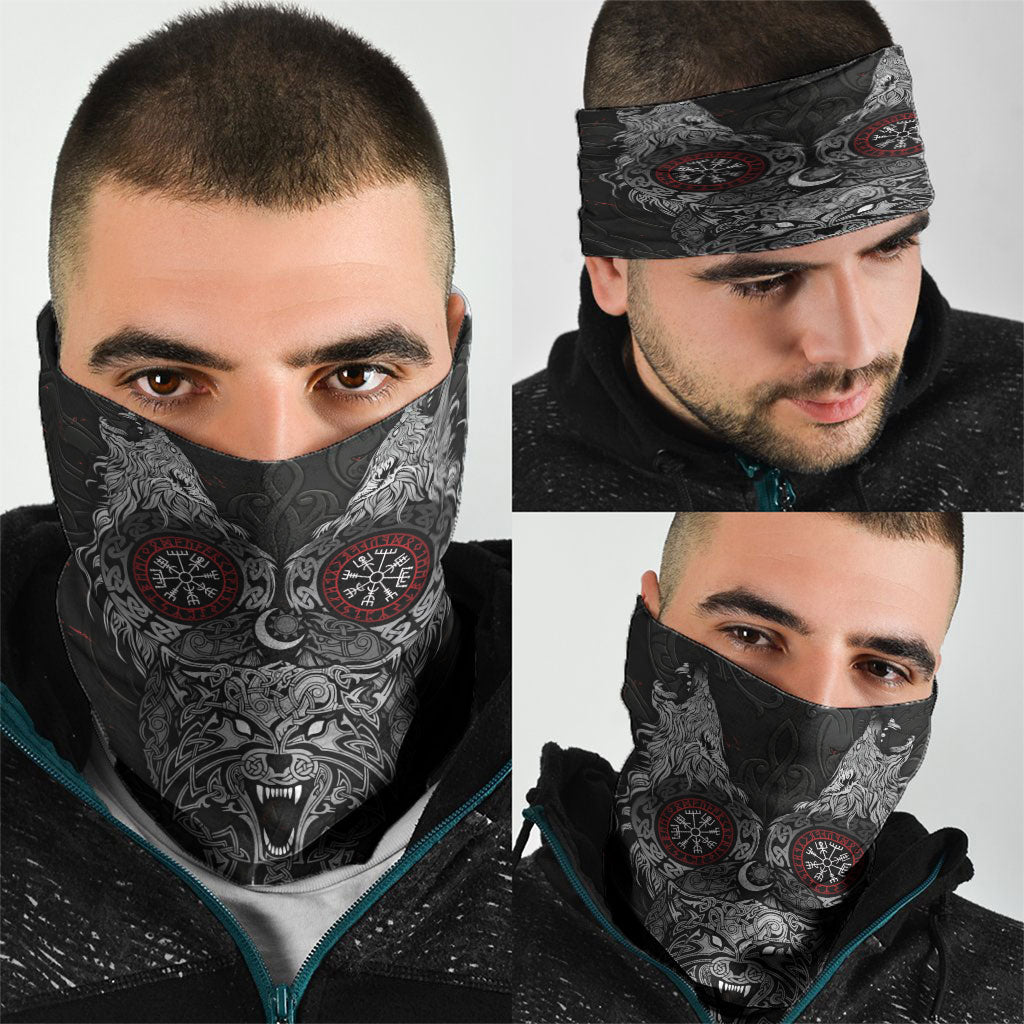 Fenrir Wolf and Vegvisir Viking Neck Gaiter Nordic Celtic Knotwork Black and Red Tribal Art