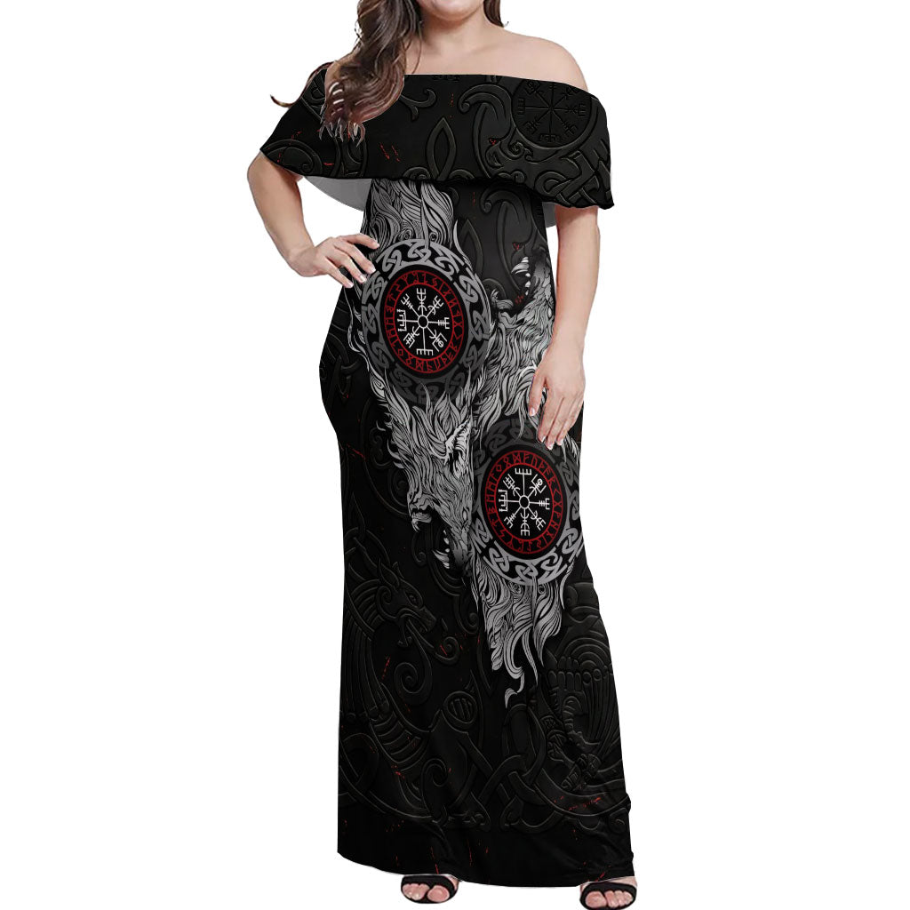Fenrir Wolf and Vegvisir Viking Off Shoulder Maxi Dress Nordic Celtic Knotwork Black and Red Tribal Art