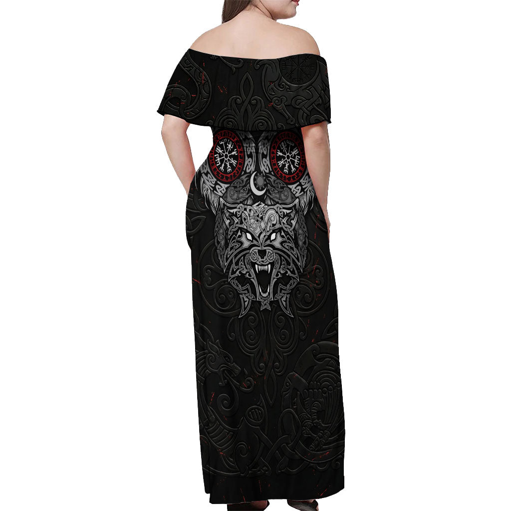 Fenrir Wolf and Vegvisir Viking Off Shoulder Maxi Dress Nordic Celtic Knotwork Black and Red Tribal Art