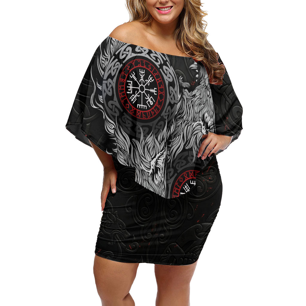 Fenrir Wolf and Vegvisir Viking Off Shoulder Short Dress Nordic Celtic Knotwork Black and Red Tribal Art