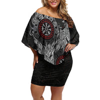 Fenrir Wolf and Vegvisir Viking Off Shoulder Short Dress Nordic Celtic Knotwork Black and Red Tribal Art