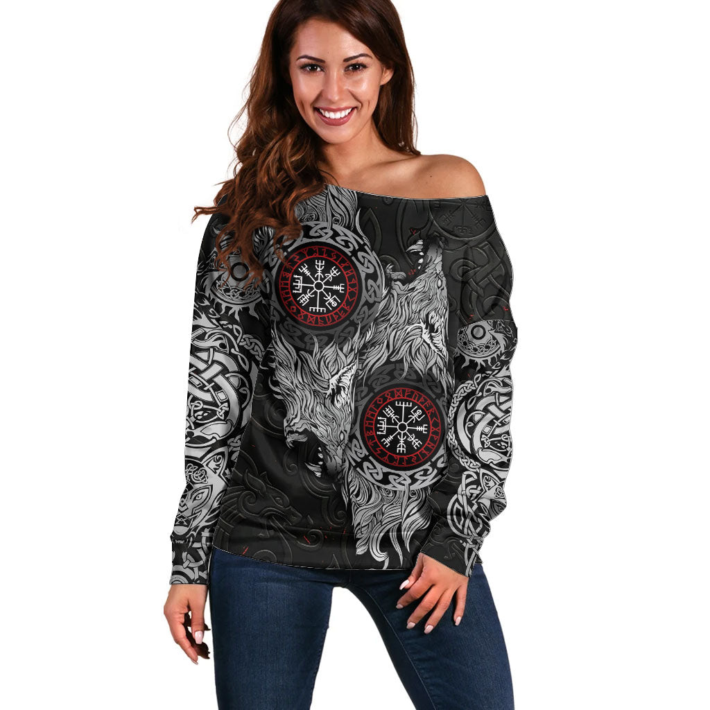 Fenrir Wolf and Vegvisir Viking Off Shoulder Sweater Nordic Celtic Knotwork Black and Red Tribal Art