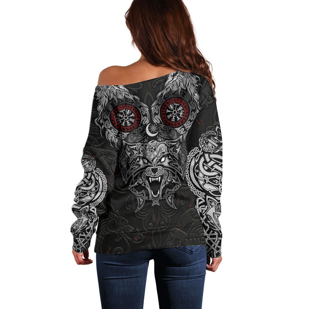 Fenrir Wolf and Vegvisir Viking Off Shoulder Sweater Nordic Celtic Knotwork Black and Red Tribal Art