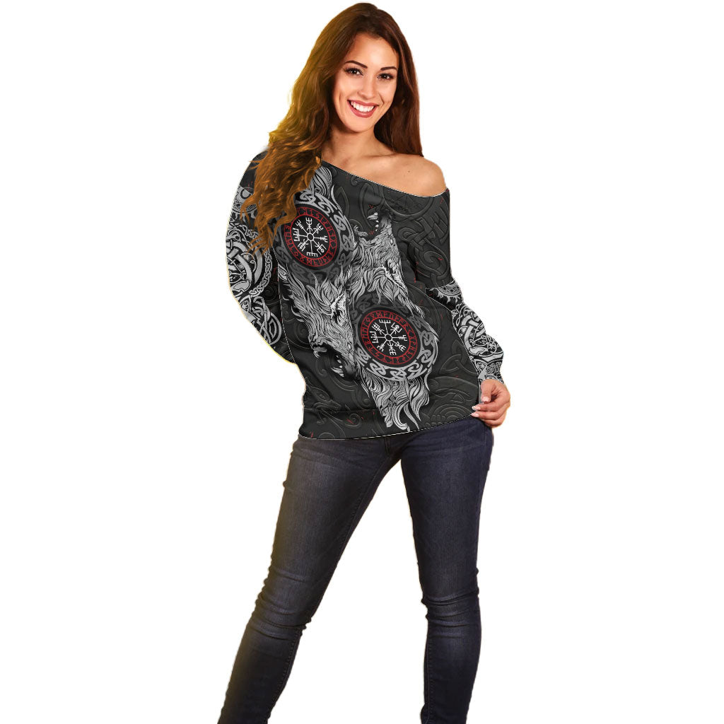 Fenrir Wolf and Vegvisir Viking Off Shoulder Sweater Nordic Celtic Knotwork Black and Red Tribal Art