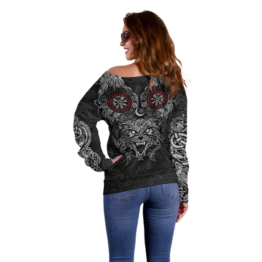 Fenrir Wolf and Vegvisir Viking Off Shoulder Sweater Nordic Celtic Knotwork Black and Red Tribal Art
