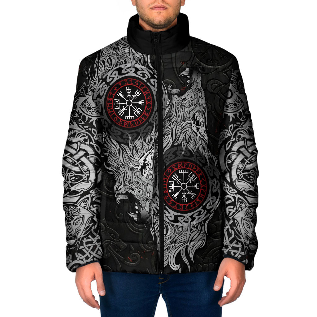 Fenrir Wolf and Vegvisir Viking Padded Jacket Nordic Celtic Knotwork Black and Red Tribal Art
