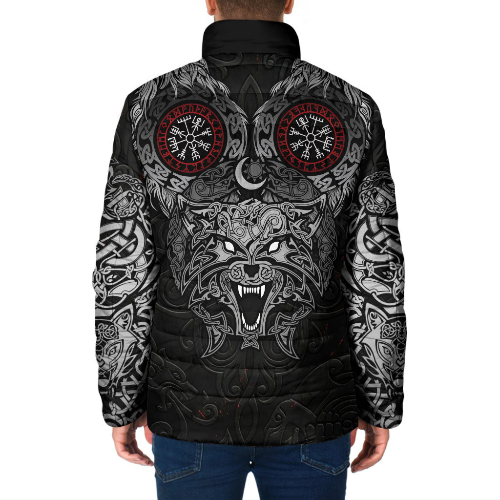 Fenrir Wolf and Vegvisir Viking Padded Jacket Nordic Celtic Knotwork Black and Red Tribal Art