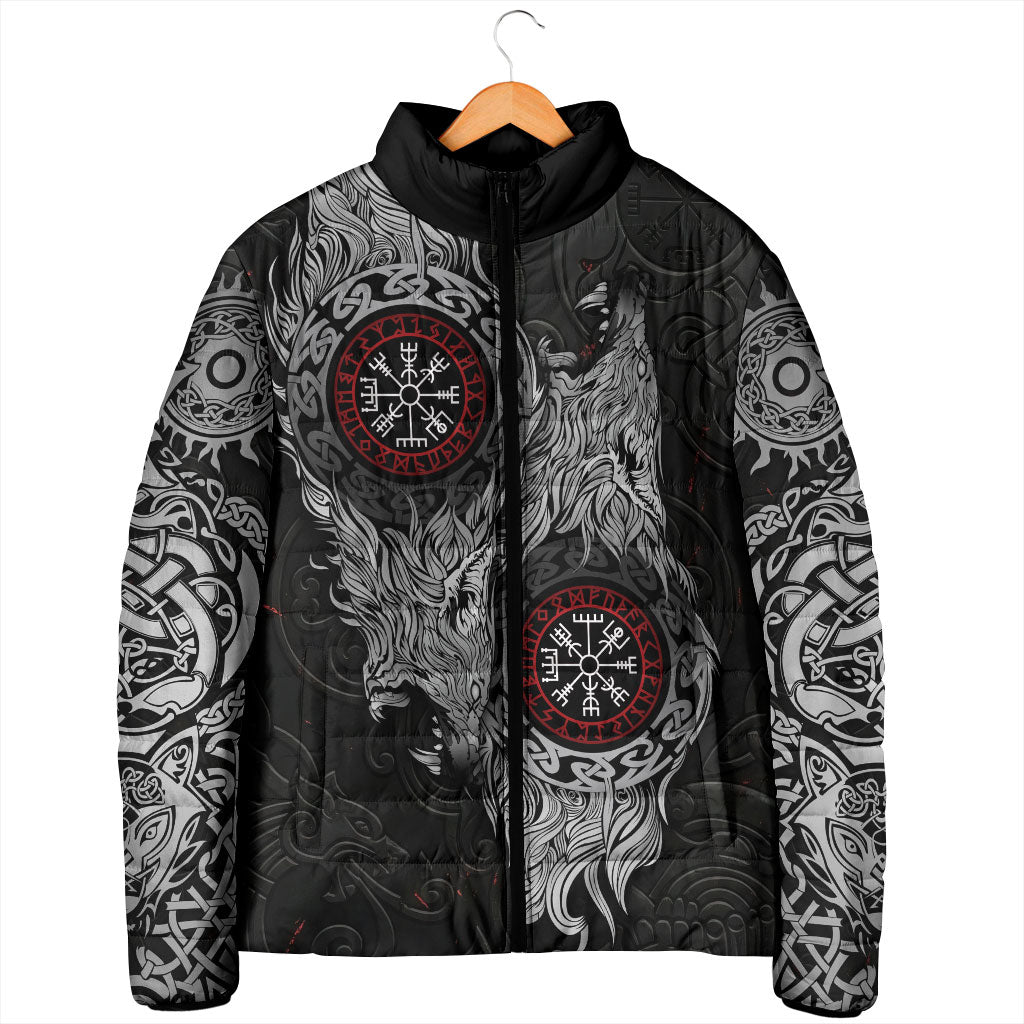 Fenrir Wolf and Vegvisir Viking Padded Jacket Nordic Celtic Knotwork Black and Red Tribal Art