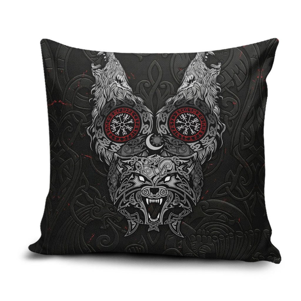 Fenrir Wolf and Vegvisir Viking Pillow Cover Nordic Celtic Knotwork Black and Red Tribal Art