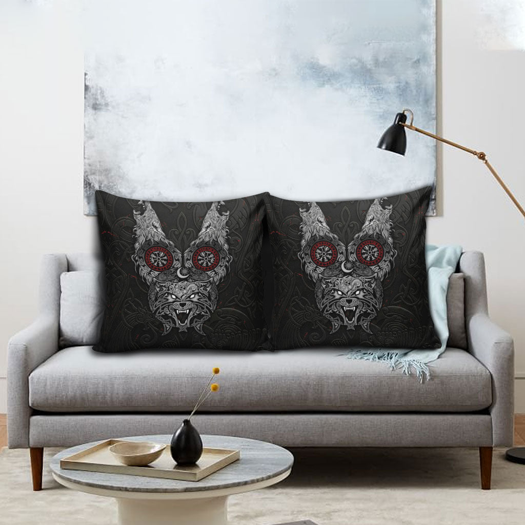 Fenrir Wolf and Vegvisir Viking Pillow Cover Nordic Celtic Knotwork Black and Red Tribal Art