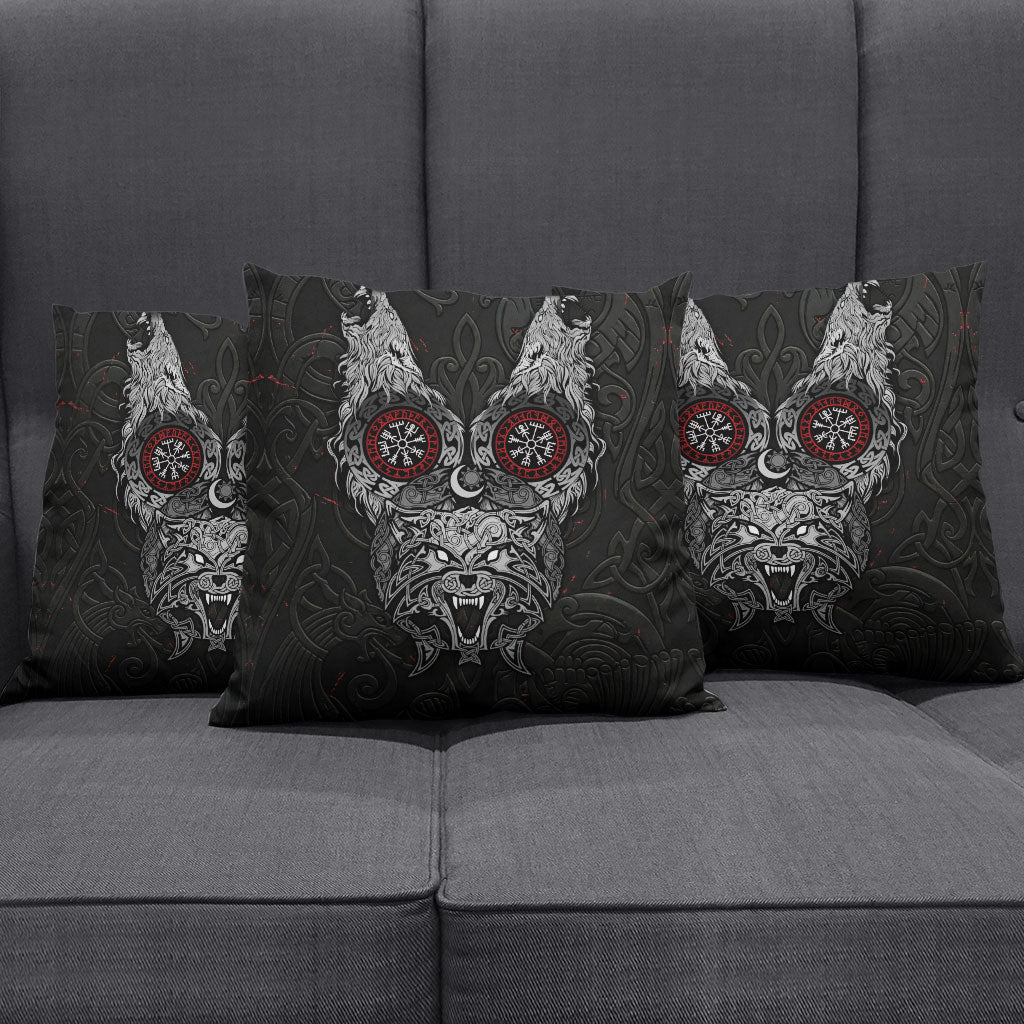 Fenrir Wolf and Vegvisir Viking Pillow Cover Nordic Celtic Knotwork Black and Red Tribal Art