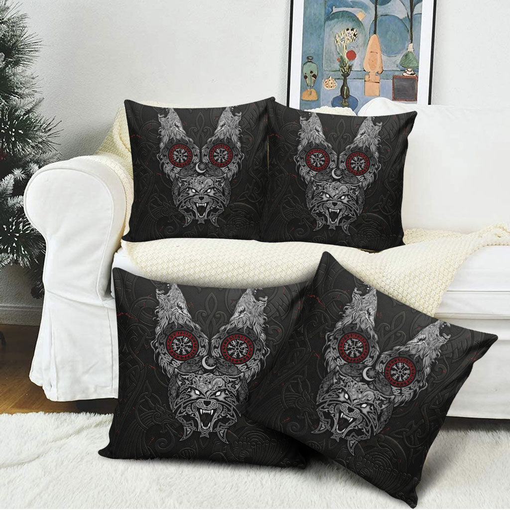 Fenrir Wolf and Vegvisir Viking Pillow Cover Nordic Celtic Knotwork Black and Red Tribal Art