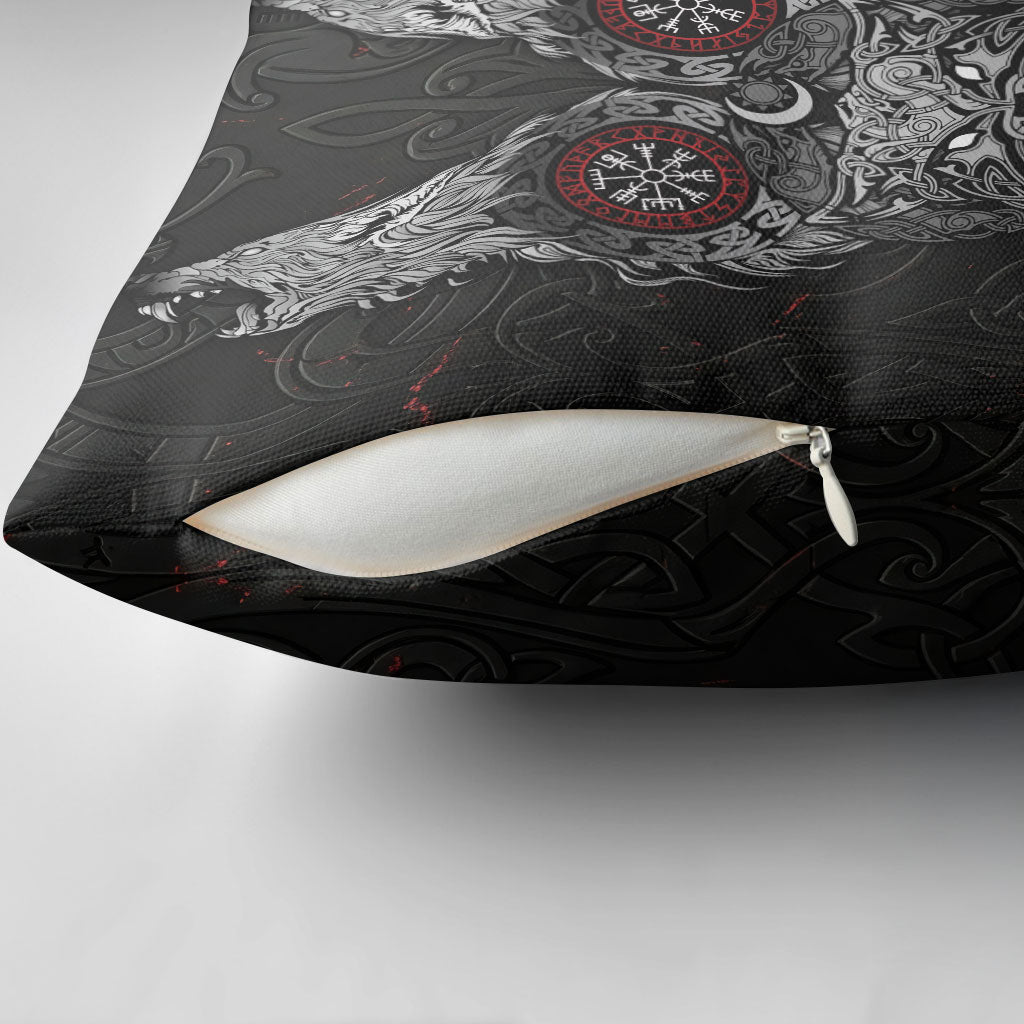 Fenrir Wolf and Vegvisir Viking Pillow Cover Nordic Celtic Knotwork Black and Red Tribal Art