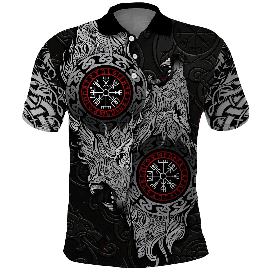 Fenrir Wolf and Vegvisir Viking Polo Shirt Nordic Celtic Knotwork Black and Red Tribal Art