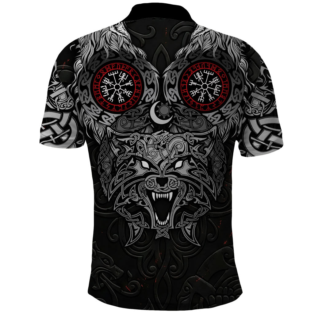 Fenrir Wolf and Vegvisir Viking Polo Shirt Nordic Celtic Knotwork Black and Red Tribal Art
