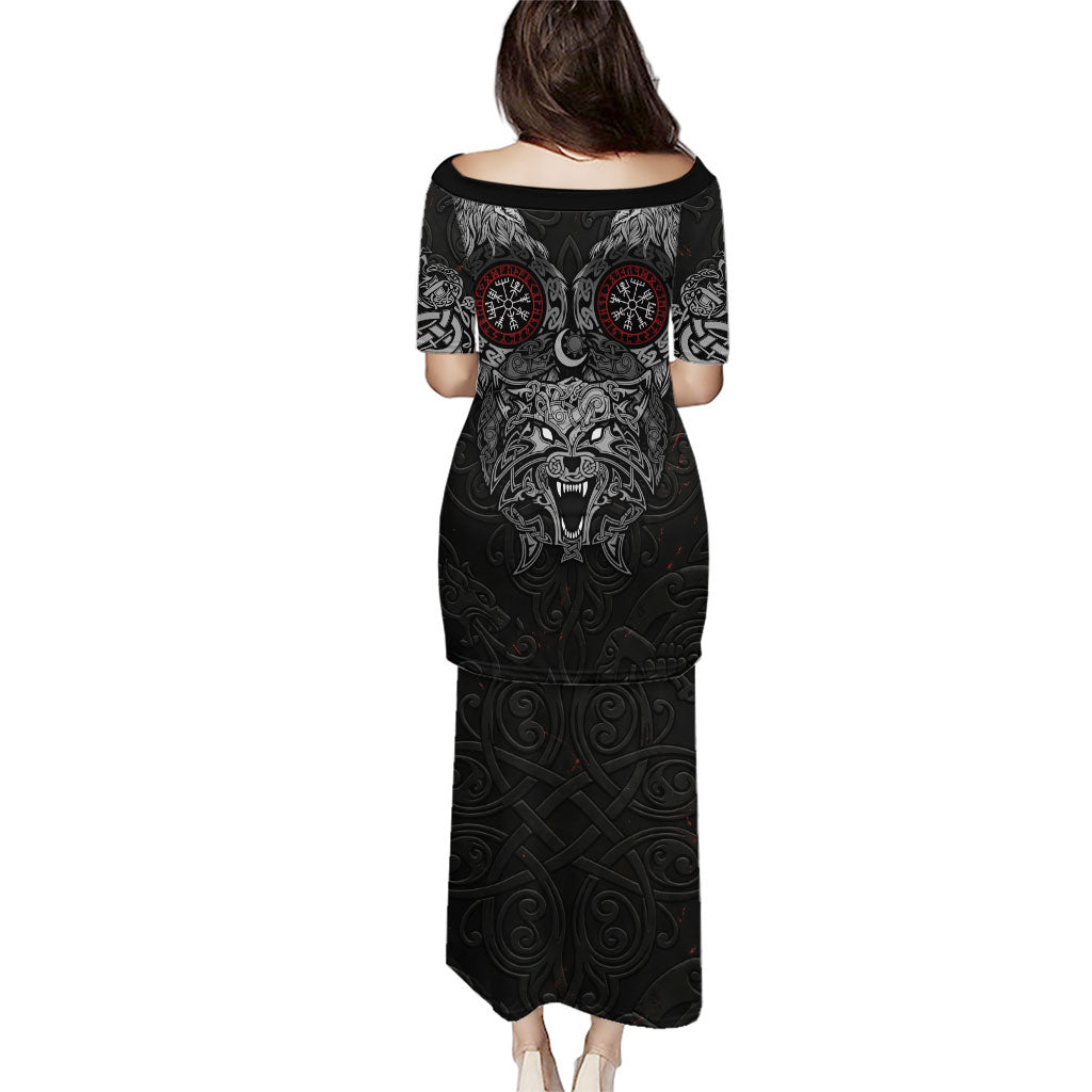 Fenrir Wolf and Vegvisir Viking Puletasi Nordic Celtic Knotwork Black and Red Tribal Art