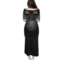 Fenrir Wolf and Vegvisir Viking Puletasi Nordic Celtic Knotwork Black and Red Tribal Art