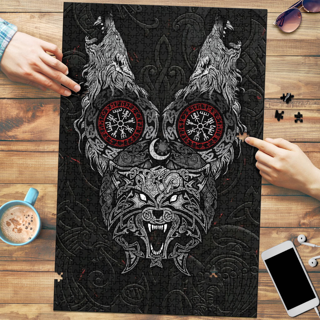 Fenrir Wolf and Vegvisir Viking Puzzle Nordic Celtic Knotwork Black and Red Tribal Art