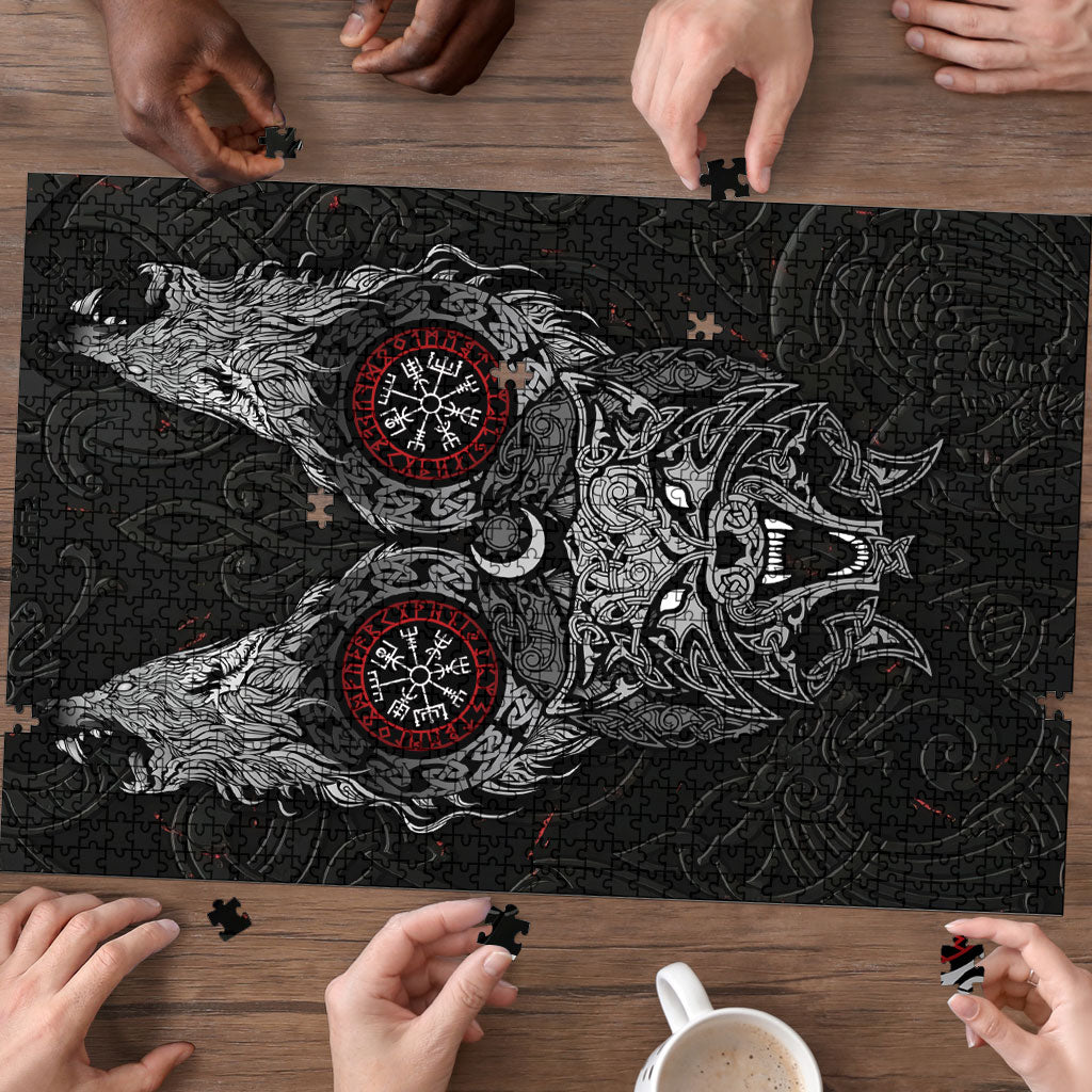 Fenrir Wolf and Vegvisir Viking Puzzle Nordic Celtic Knotwork Black and Red Tribal Art