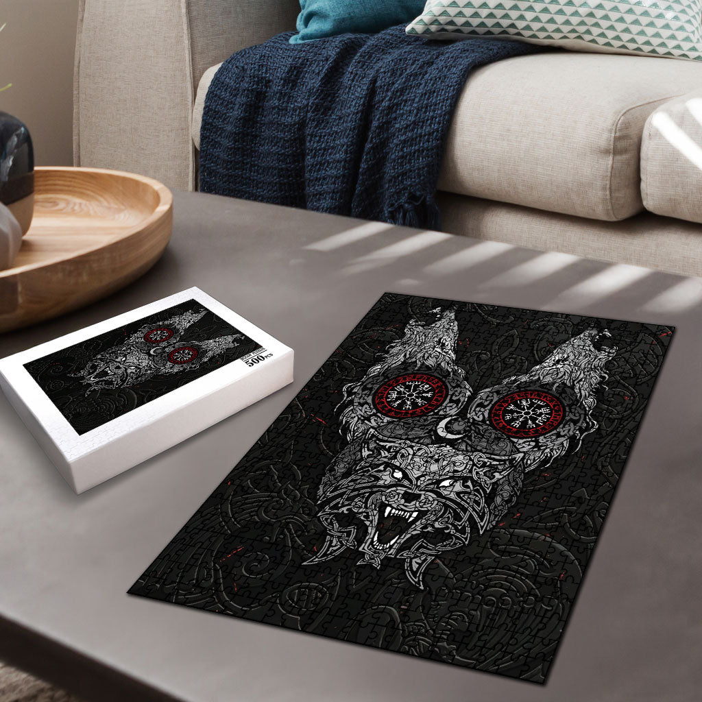 Fenrir Wolf and Vegvisir Viking Puzzle Nordic Celtic Knotwork Black and Red Tribal Art