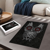 Fenrir Wolf and Vegvisir Viking Puzzle Nordic Celtic Knotwork Black and Red Tribal Art