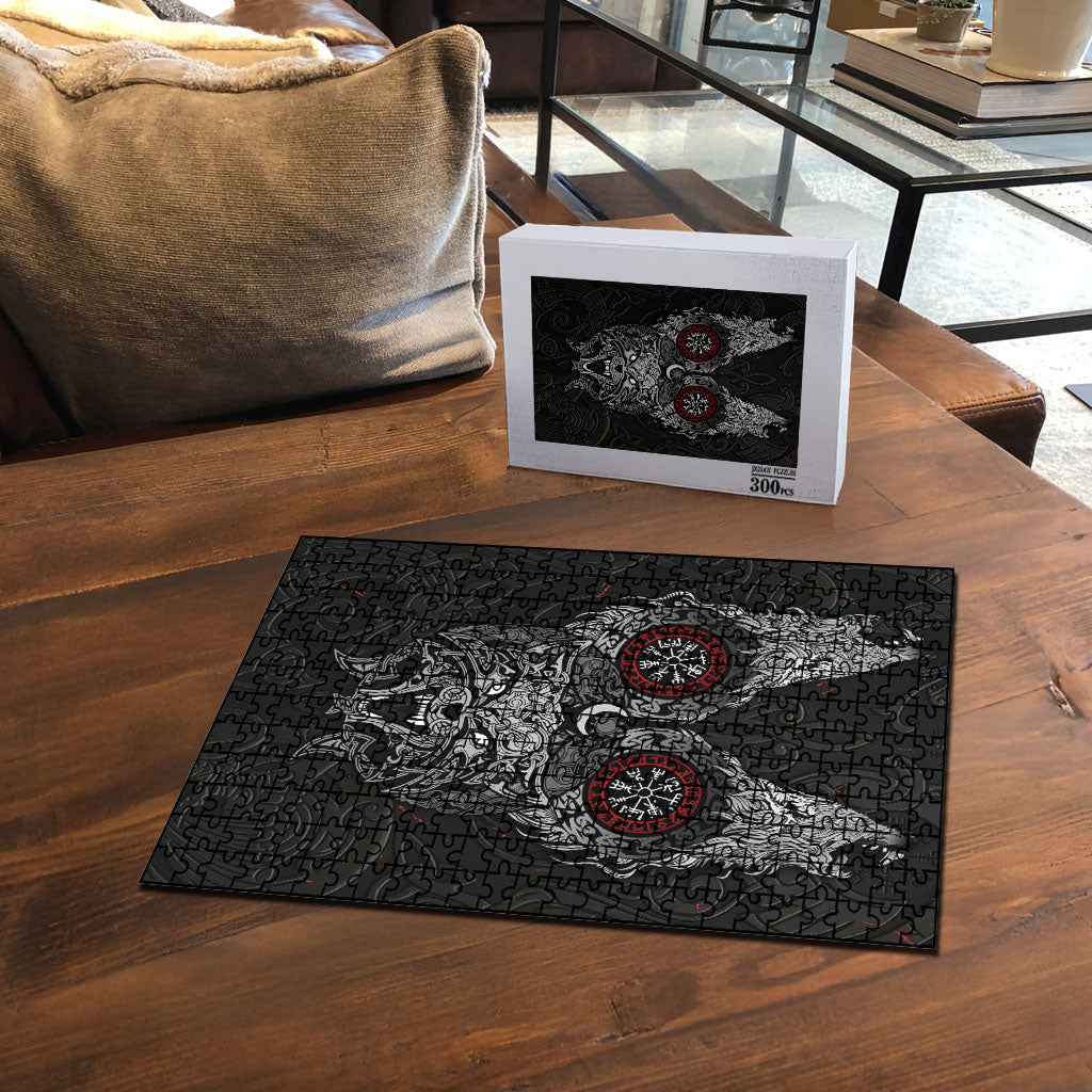 Fenrir Wolf and Vegvisir Viking Puzzle Nordic Celtic Knotwork Black and Red Tribal Art