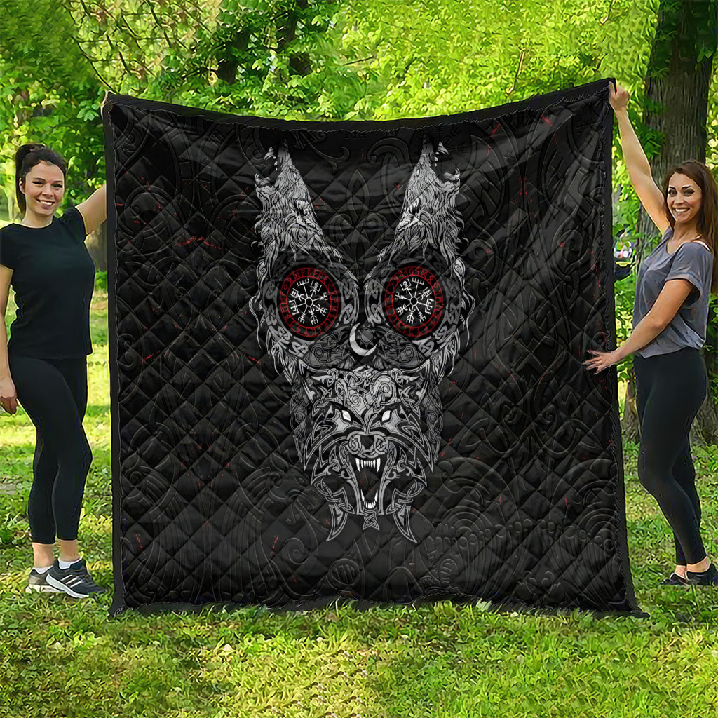 Fenrir Wolf and Vegvisir Viking Quilt Nordic Celtic Knotwork Black and Red Tribal Art