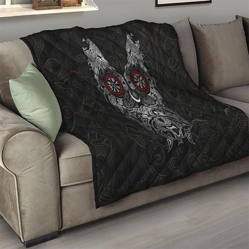 Fenrir Wolf and Vegvisir Viking Quilt Nordic Celtic Knotwork Black and Red Tribal Art
