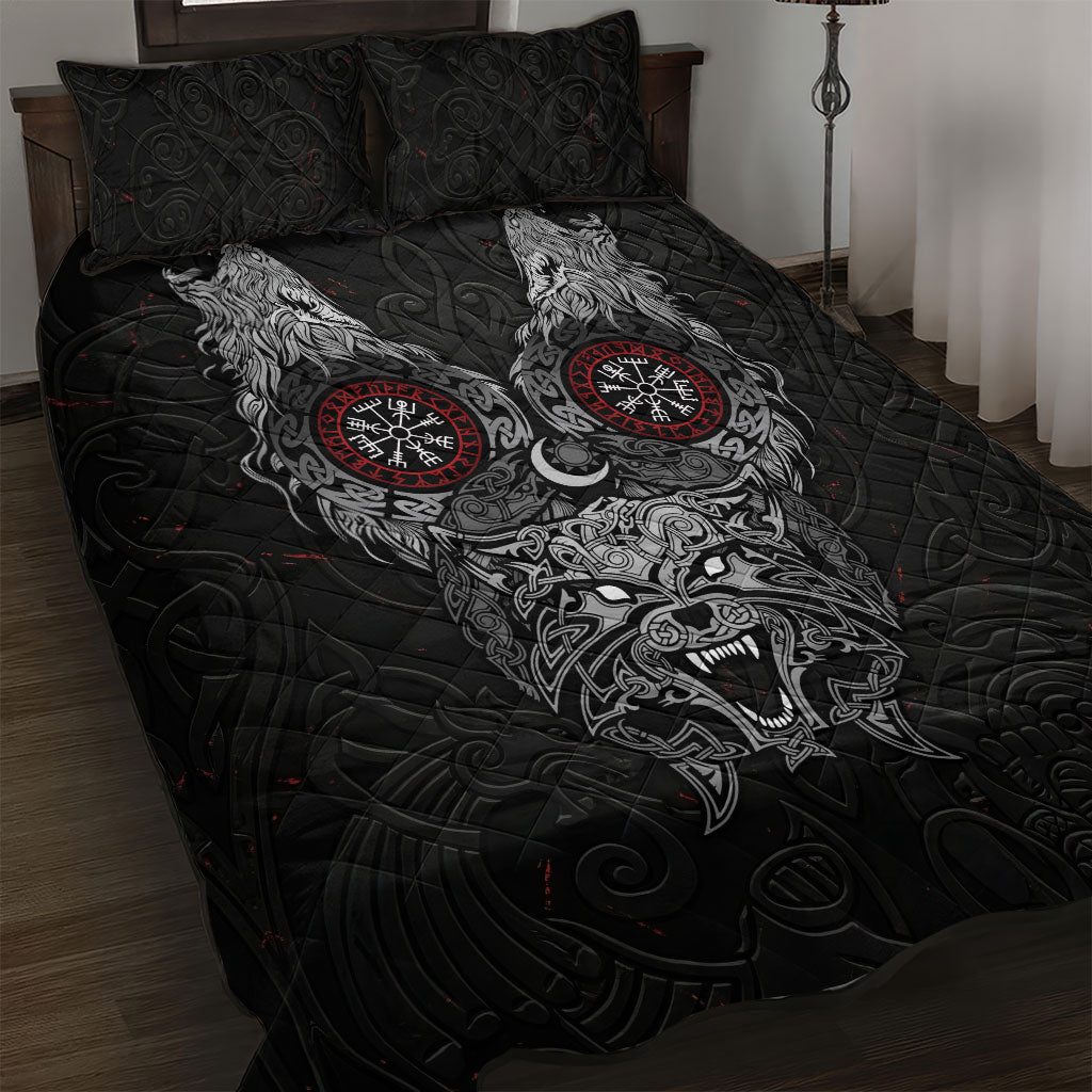 Fenrir Wolf and Vegvisir Viking Quilt Bed Set Nordic Celtic Knotwork Black and Red Tribal Art