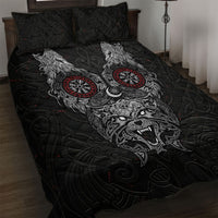 Fenrir Wolf and Vegvisir Viking Quilt Bed Set Nordic Celtic Knotwork Black and Red Tribal Art