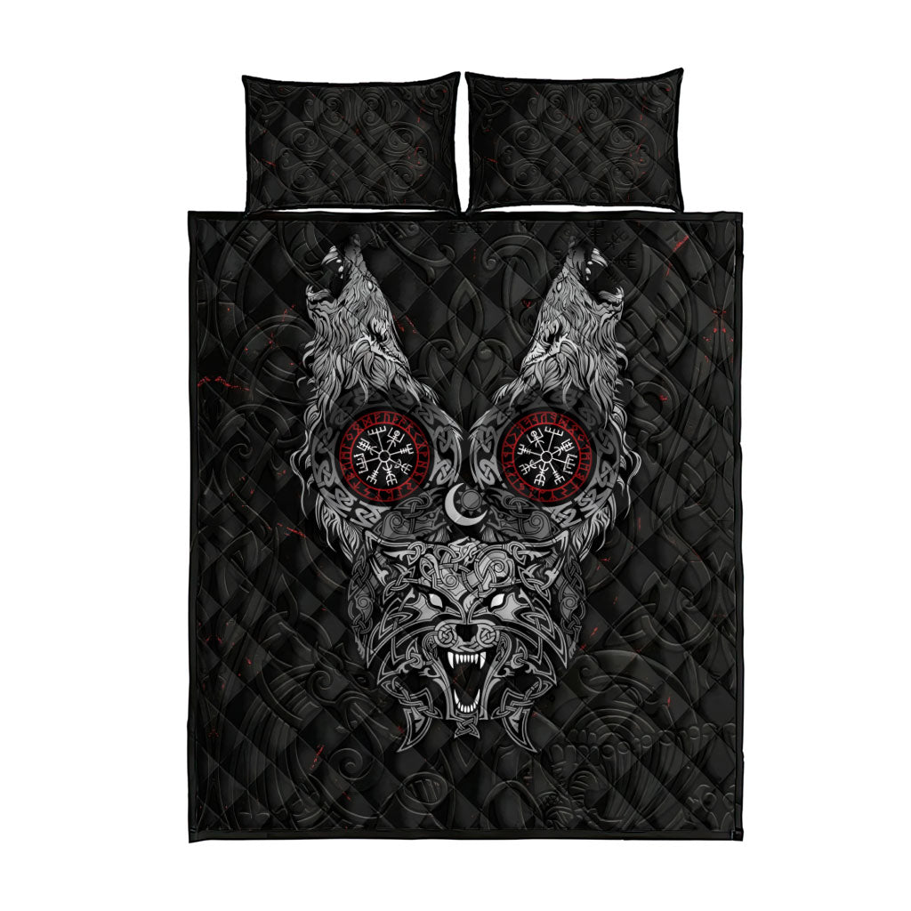 Fenrir Wolf and Vegvisir Viking Quilt Bed Set Nordic Celtic Knotwork Black and Red Tribal Art