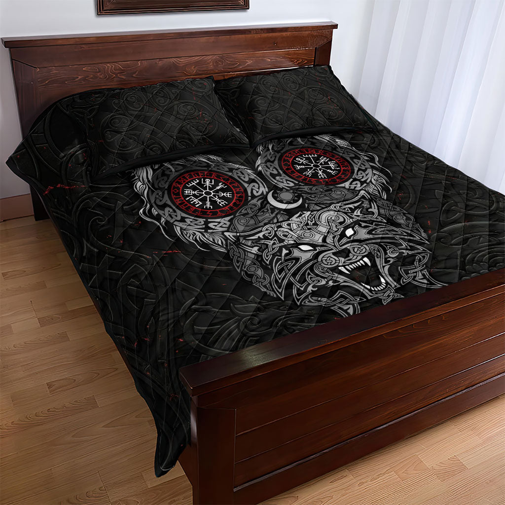 Fenrir Wolf and Vegvisir Viking Quilt Bed Set Nordic Celtic Knotwork Black and Red Tribal Art