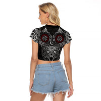 Fenrir Wolf and Vegvisir Viking Raglan Cropped T Shirt Nordic Celtic Knotwork Black and Red Tribal Art