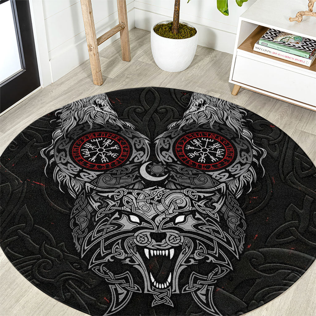Fenrir Wolf and Vegvisir Viking Round Carpet Nordic Celtic Knotwork Black and Red Tribal Art