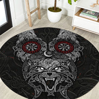 Fenrir Wolf and Vegvisir Viking Round Carpet Nordic Celtic Knotwork Black and Red Tribal Art