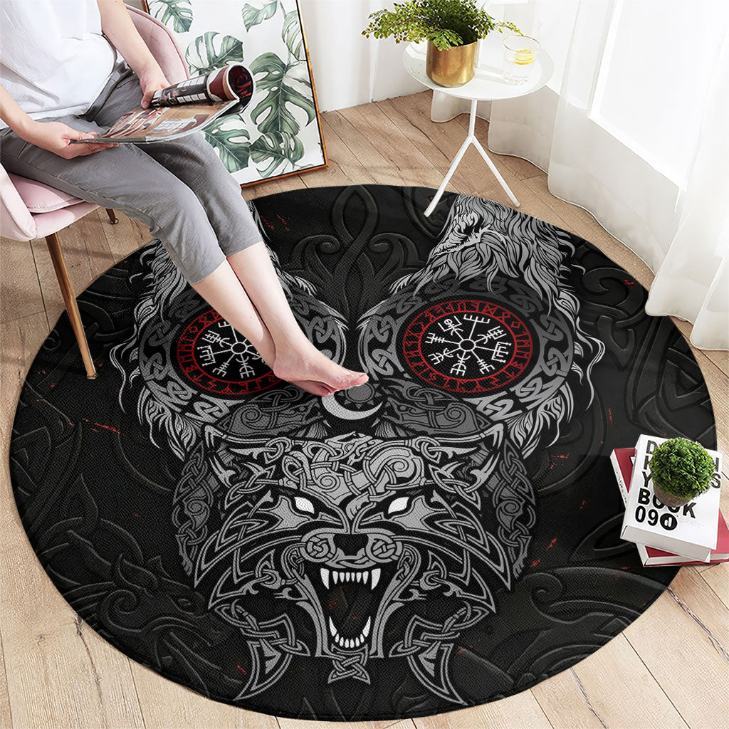 Fenrir Wolf and Vegvisir Viking Round Carpet Nordic Celtic Knotwork Black and Red Tribal Art