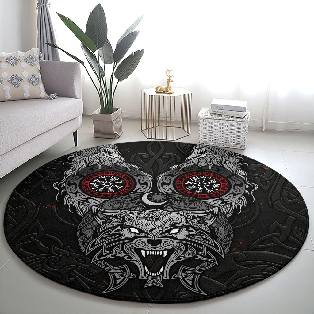 Fenrir Wolf and Vegvisir Viking Round Carpet Nordic Celtic Knotwork Black and Red Tribal Art