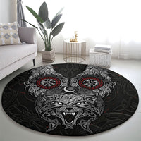 Fenrir Wolf and Vegvisir Viking Round Carpet Nordic Celtic Knotwork Black and Red Tribal Art