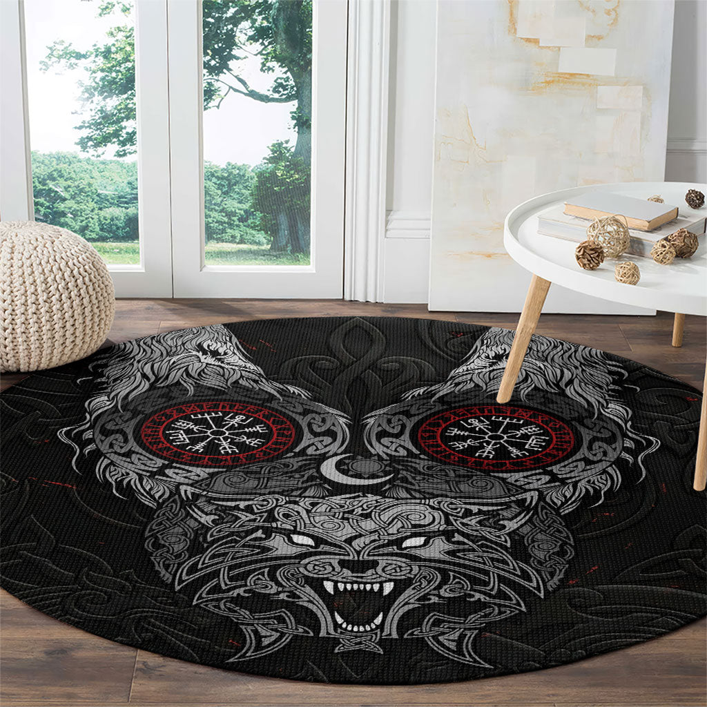 Fenrir Wolf and Vegvisir Viking Round Carpet Nordic Celtic Knotwork Black and Red Tribal Art
