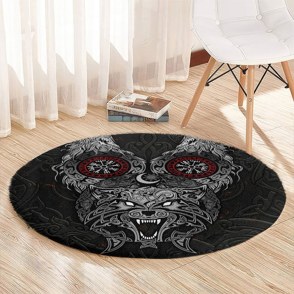 Fenrir Wolf and Vegvisir Viking Round Carpet Nordic Celtic Knotwork Black and Red Tribal Art