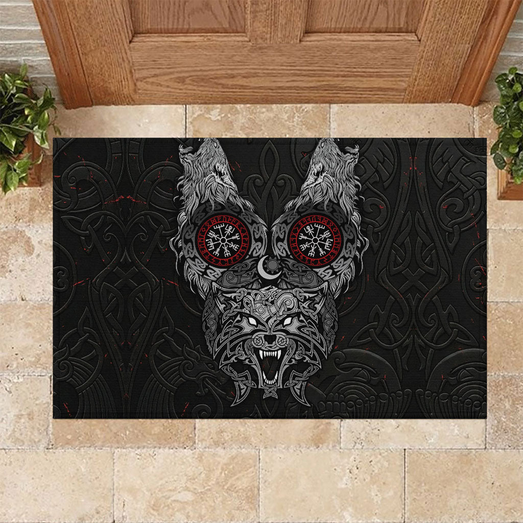 Fenrir Wolf and Vegvisir Viking Rubber Doormat Nordic Celtic Knotwork Black and Red Tribal Art