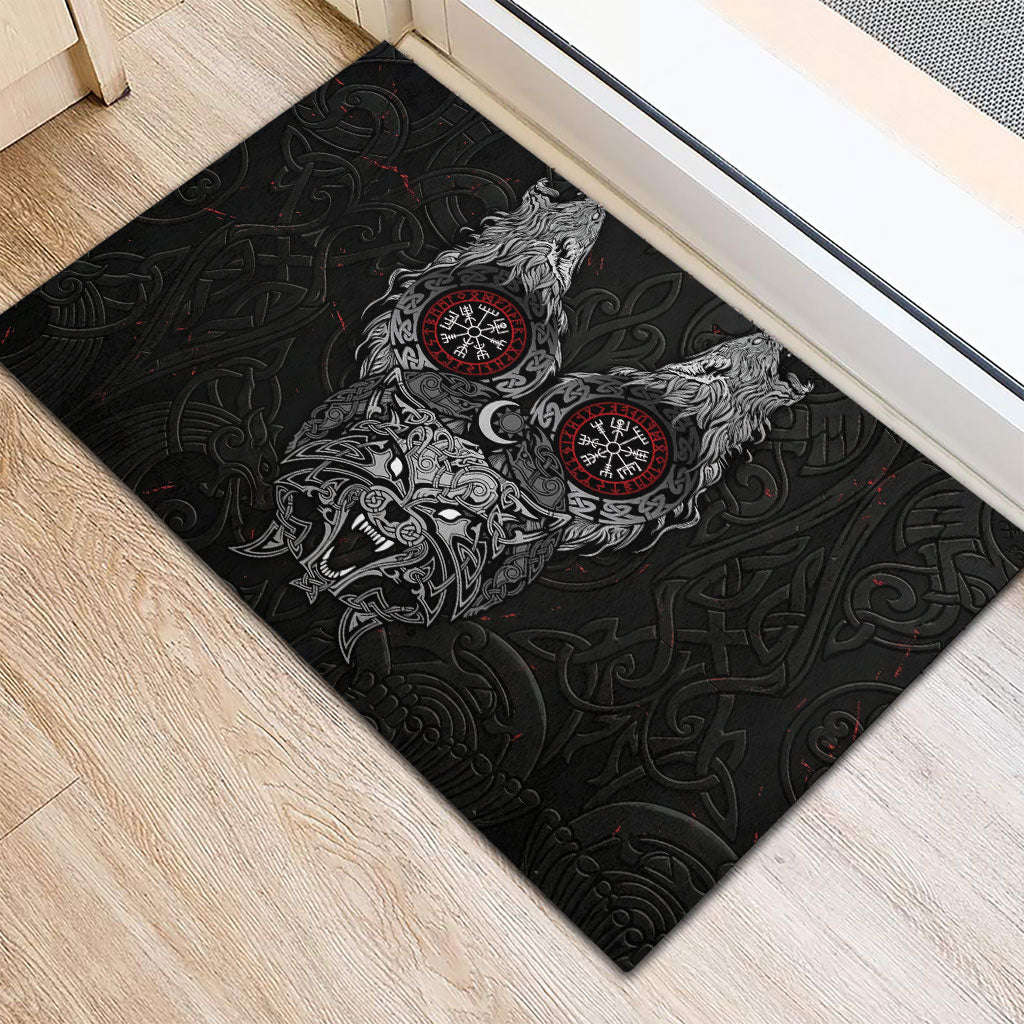 Fenrir Wolf and Vegvisir Viking Rubber Doormat Nordic Celtic Knotwork Black and Red Tribal Art