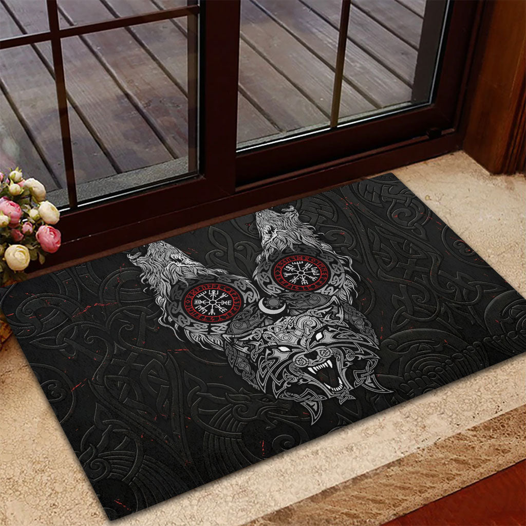 Fenrir Wolf and Vegvisir Viking Rubber Doormat Nordic Celtic Knotwork Black and Red Tribal Art