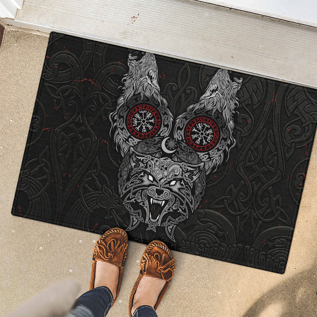 Fenrir Wolf and Vegvisir Viking Rubber Doormat Nordic Celtic Knotwork Black and Red Tribal Art