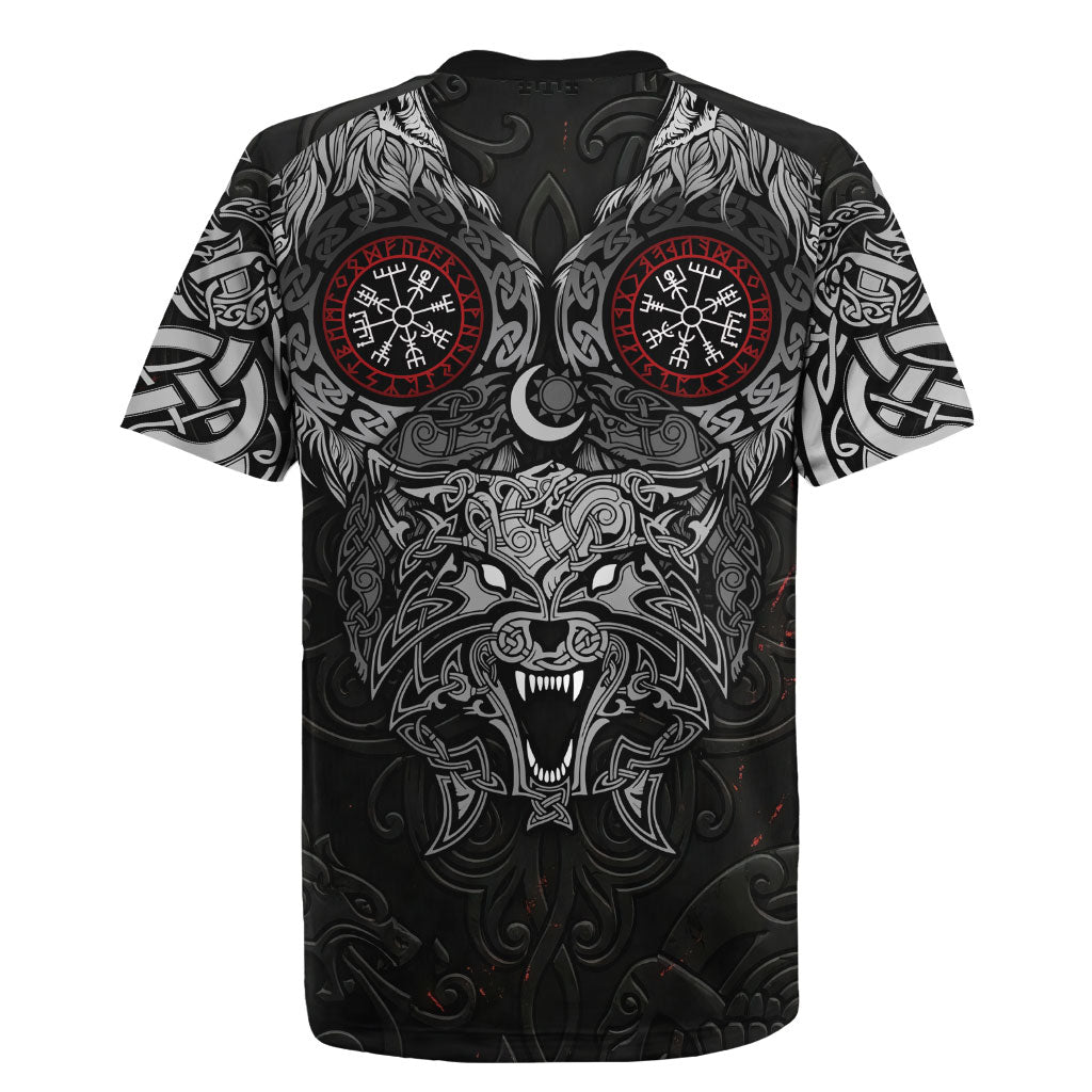 Fenrir Wolf and Vegvisir Viking Rugby Jersey Nordic Celtic Knotwork Black and Red Tribal Art
