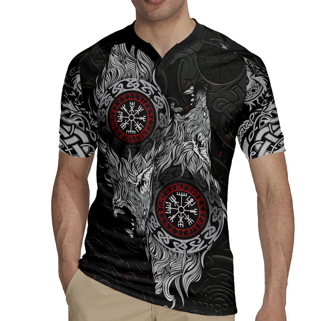 Fenrir Wolf and Vegvisir Viking Rugby Jersey Nordic Celtic Knotwork Black and Red Tribal Art