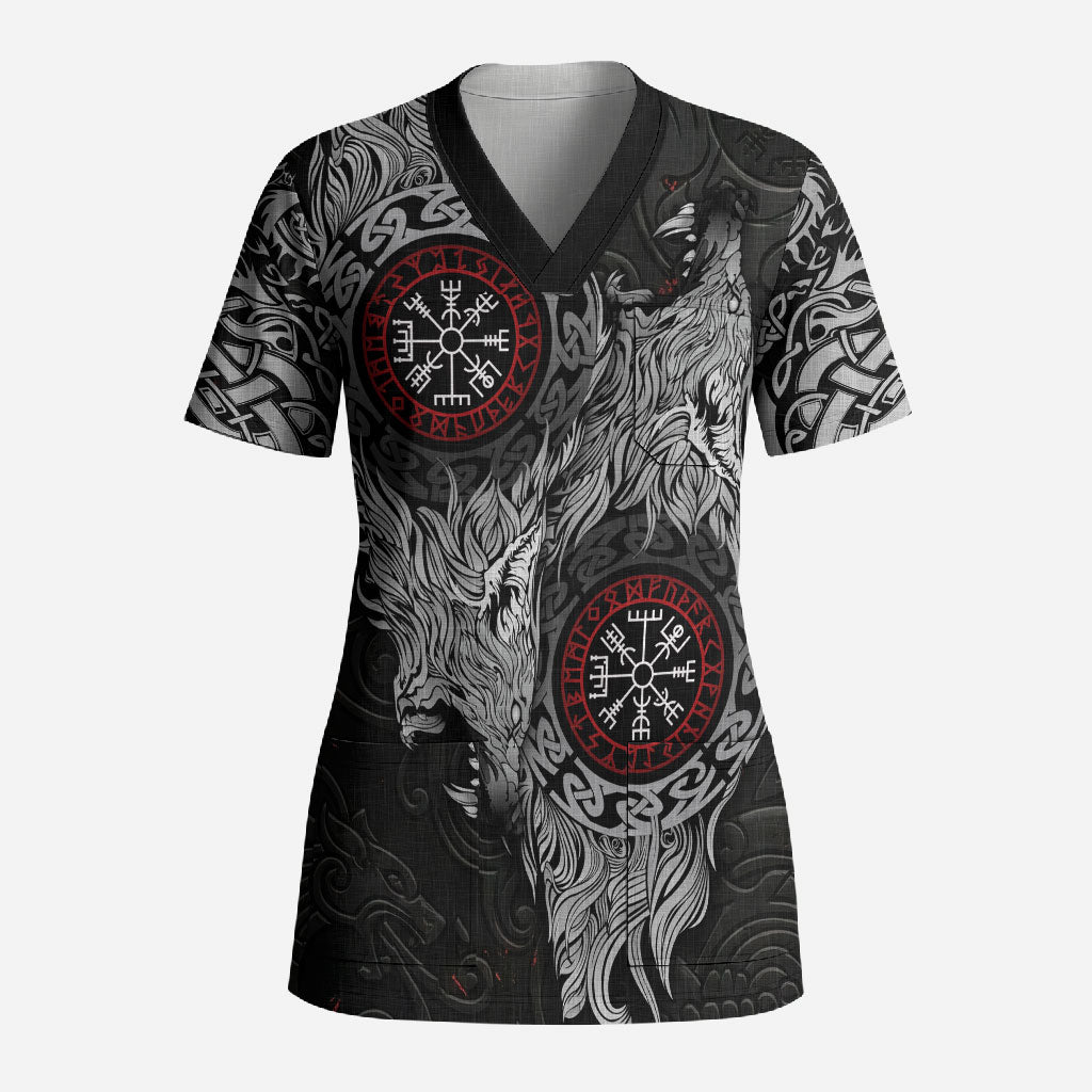 Fenrir Wolf and Vegvisir Viking Scrub Top Nordic Celtic Knotwork Black and Red Tribal Art