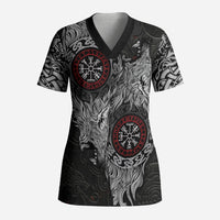 Fenrir Wolf and Vegvisir Viking Scrub Top Nordic Celtic Knotwork Black and Red Tribal Art