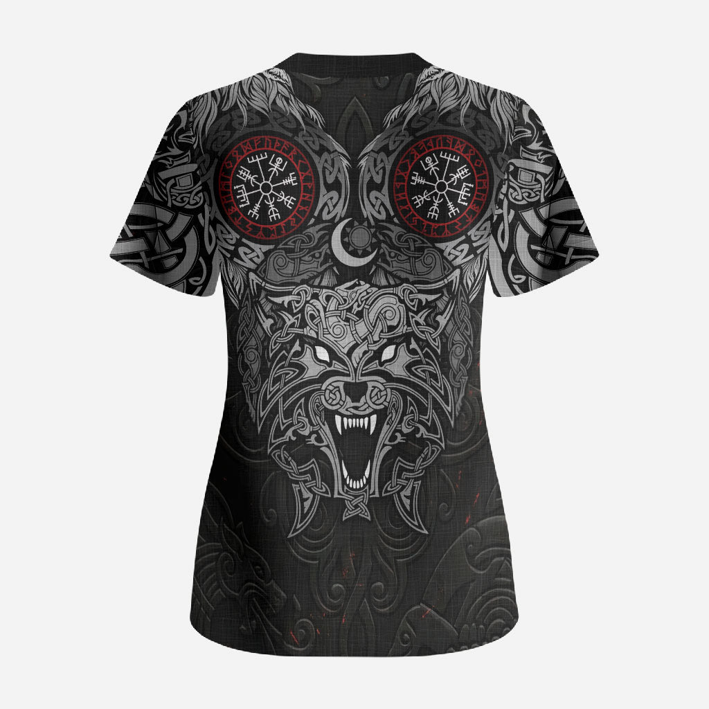 Fenrir Wolf and Vegvisir Viking Scrub Top Nordic Celtic Knotwork Black and Red Tribal Art